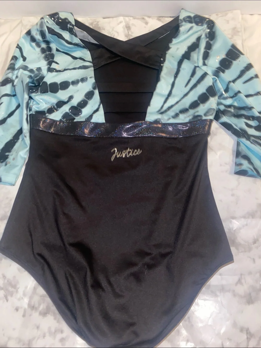 Justice Blue Tie-Dye and Black One-Piece with Metallic Trim